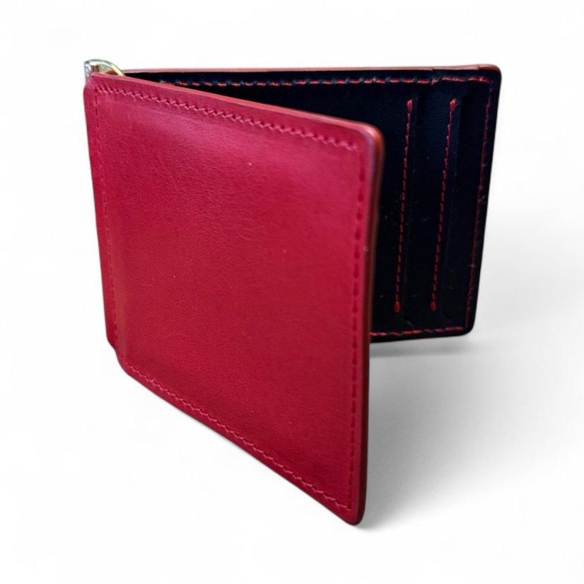 Kožená peněženka dolarka (pouze na peníze a karty) - Barevná kombinace: Červeno - modrá, Barva šití: Šití v barvě kůže